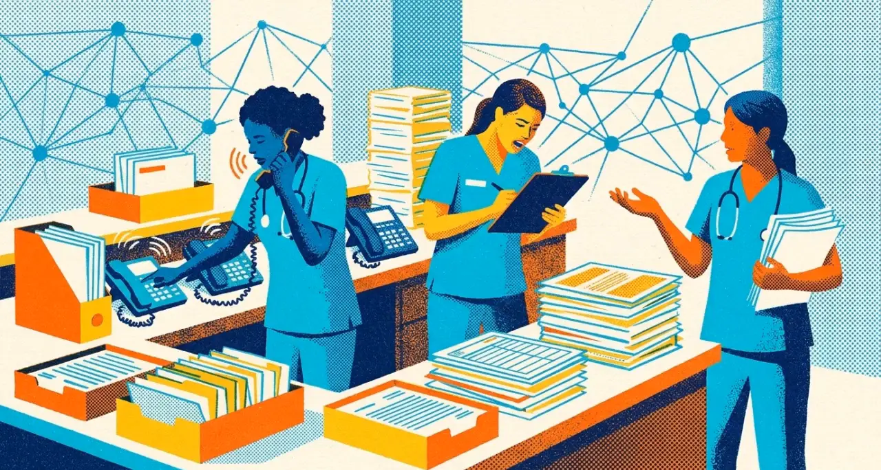 Opening frame of the film: a credentialing office, phones ringing, paper files stacked across every surface.